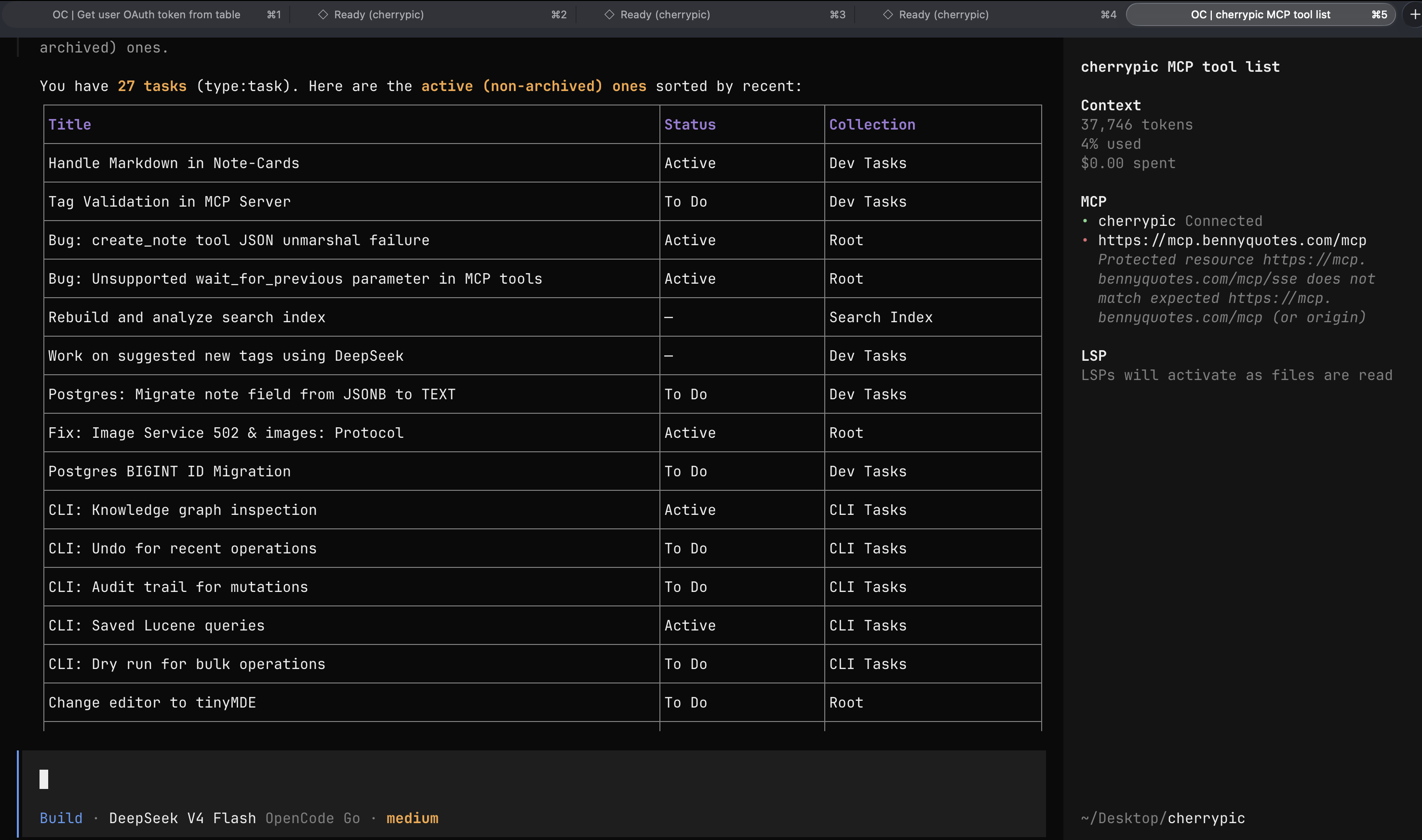 Cherrypic CLI and MCP tool list in a terminal