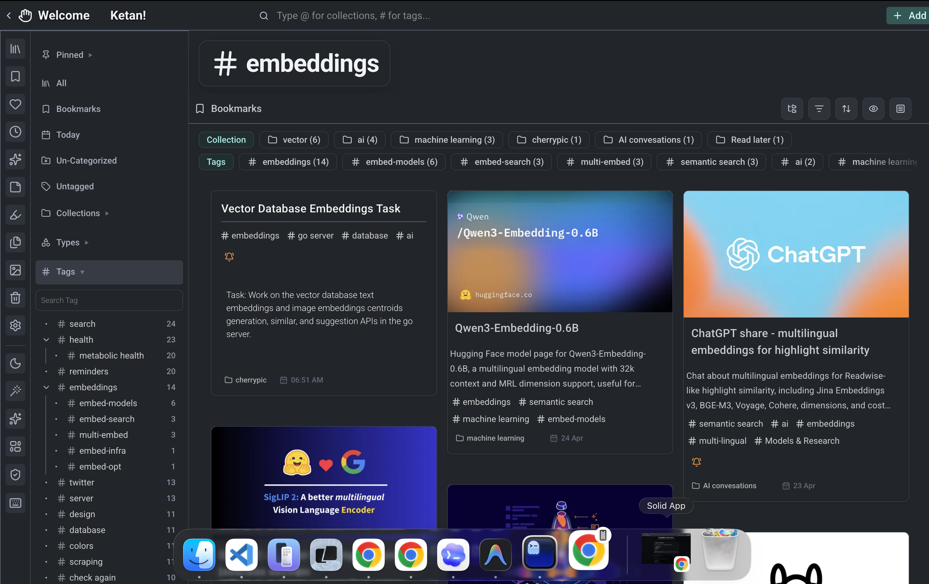 Cherrypic dashboard showing saved bookmarks and tags