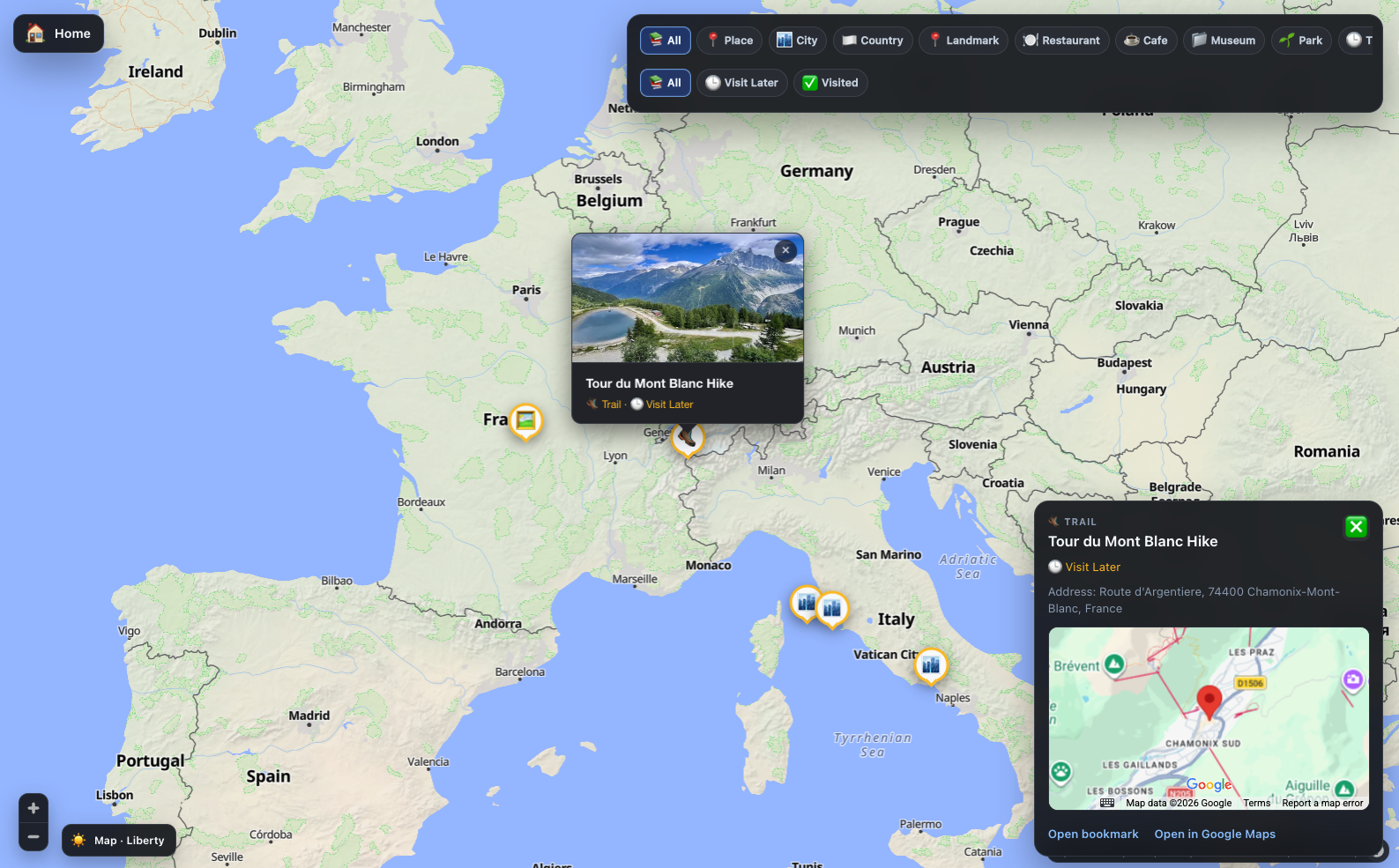 Saved places and travel bookmarks shown on Cherrypic's map view