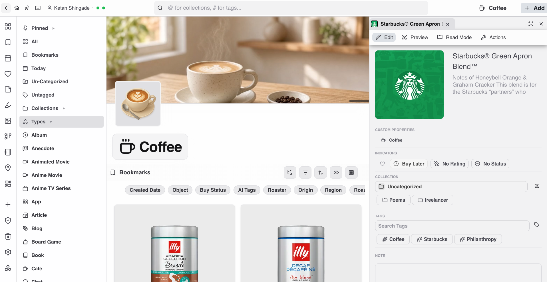 Cherrypic three-pane workspace showing a coffee collection and item details