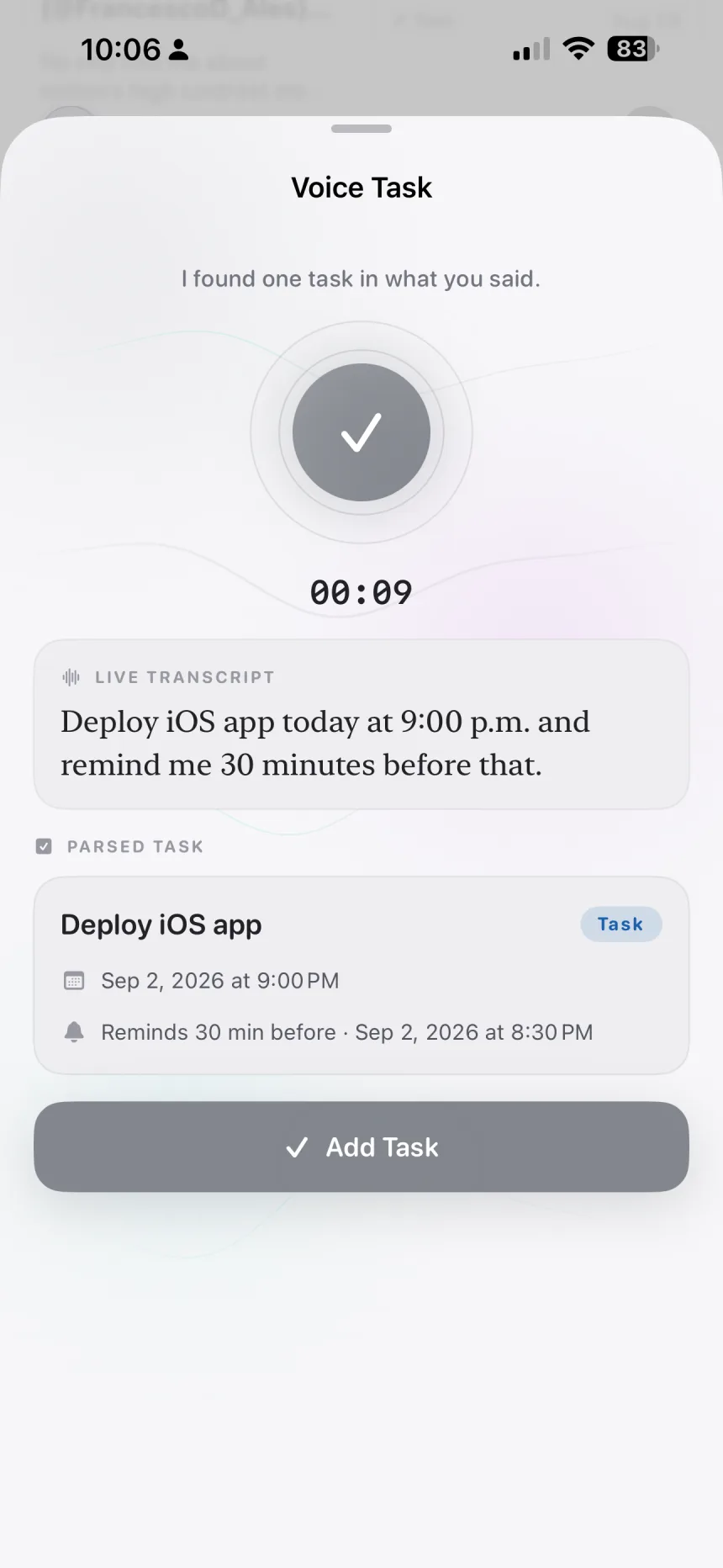 Cherrypic turning a spoken request into a task with a due date and reminder