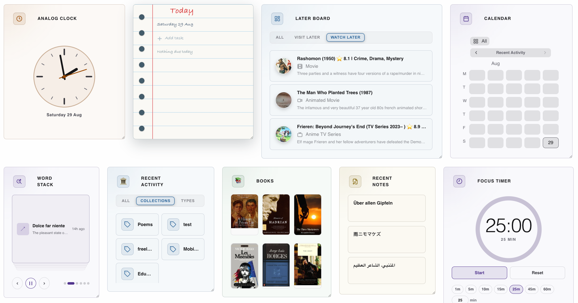 Cherrypic dashboard with clock, calendar, notes, books, and focus widgets