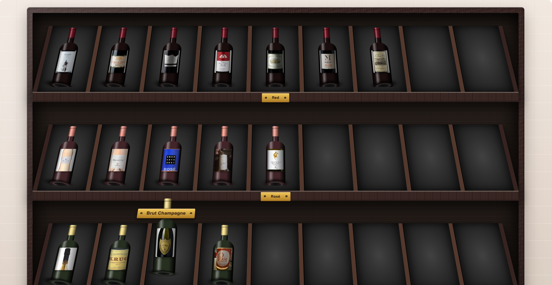 Wine collection grouped by region in a visual shelf view